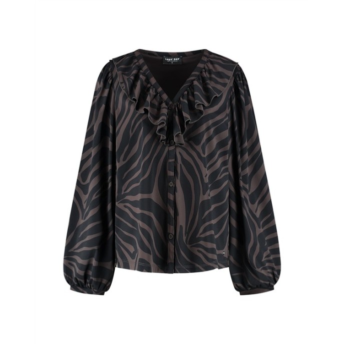 Lady Day Blouse Ruffle V-Hals Print Bruin-Zwart